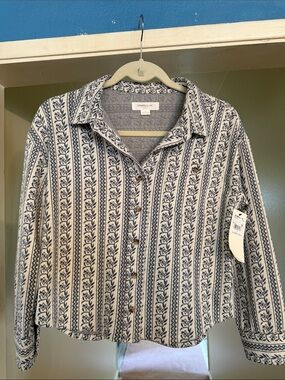 NWT O'Neill Jordyn Girls  Blue & White Vertical Patterned Button-Down Shirt Sz L
